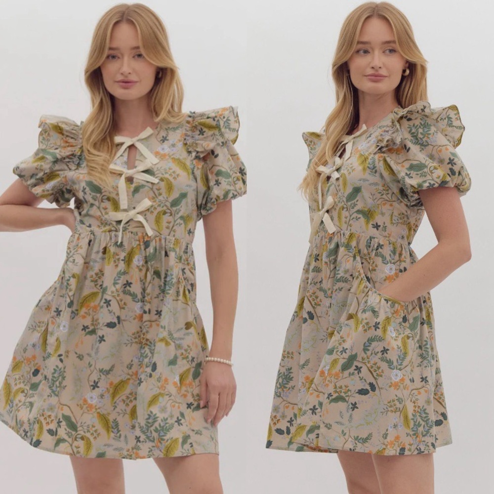 entro Beige Floral Tie-Front Ruffle Sleeve Mini Dress